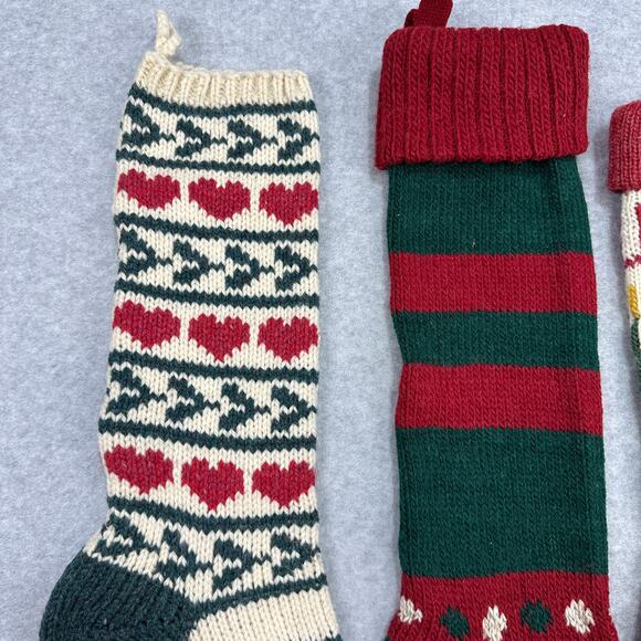 VTG Wool Knit Set of 4 Christmas Stockings Green Red White Fair Isle Cabincore - Picture 3 of 16